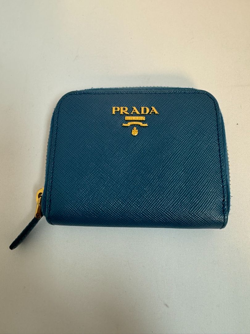 blue Prada zip up wallet, 4.75 X 3.75