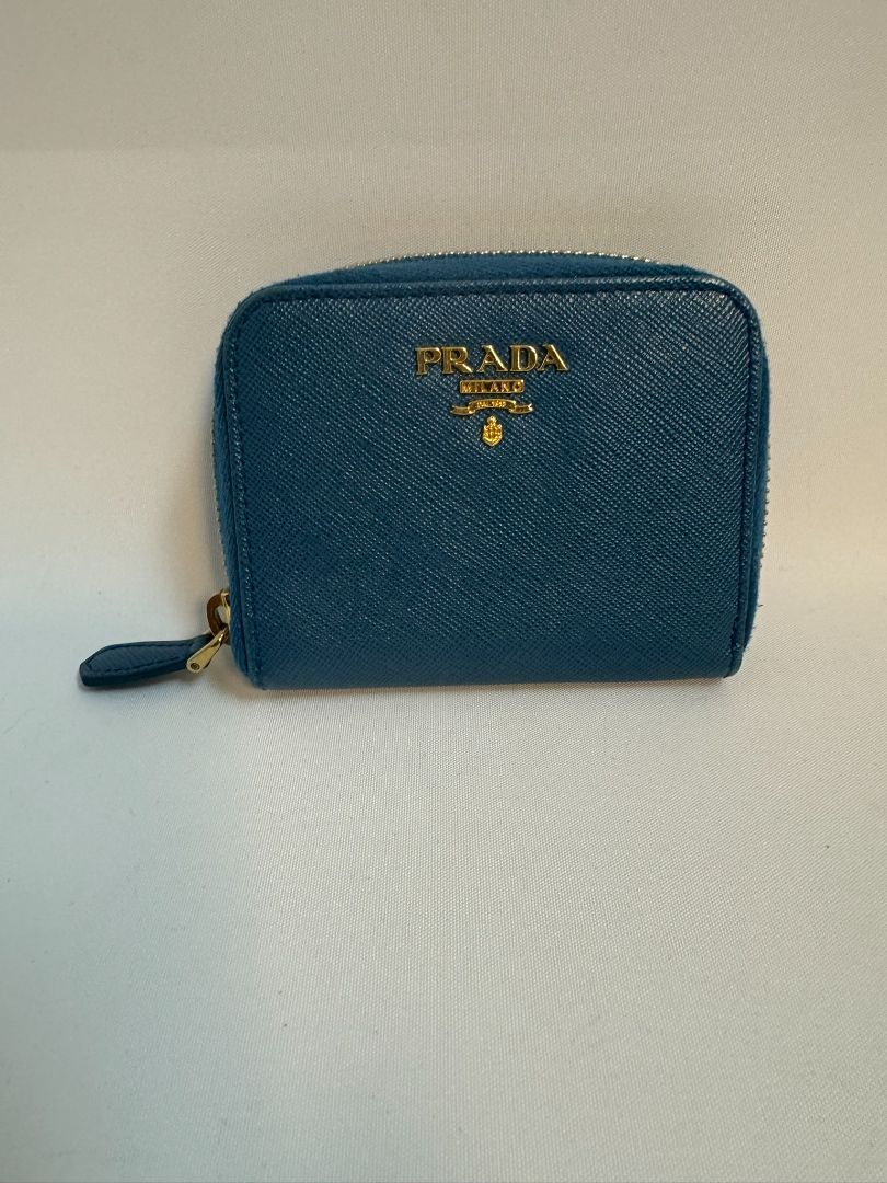 blue Prada zip up wallet, 4.75 X 3.75