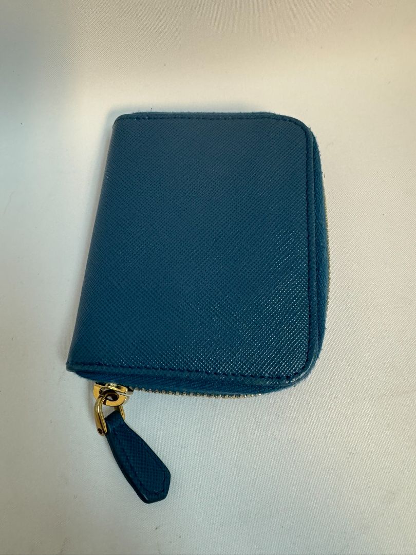 blue Prada zip up wallet, 4.75 X 3.75