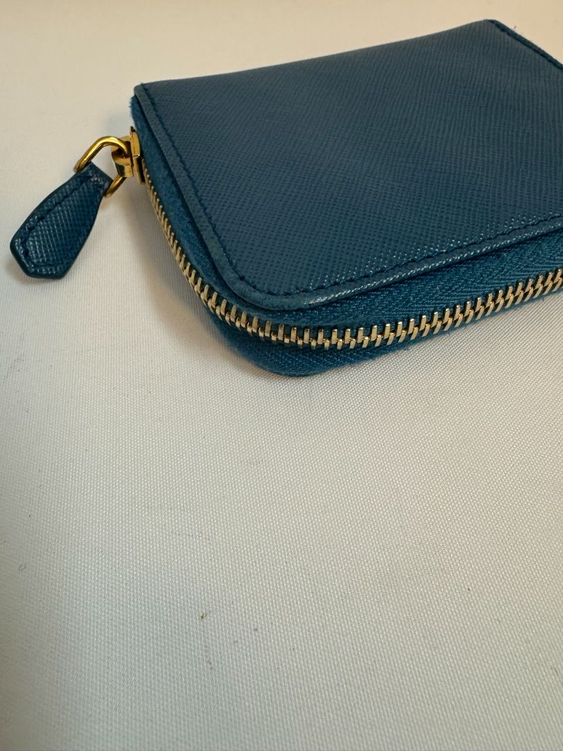 blue Prada zip up wallet, 4.75 X 3.75