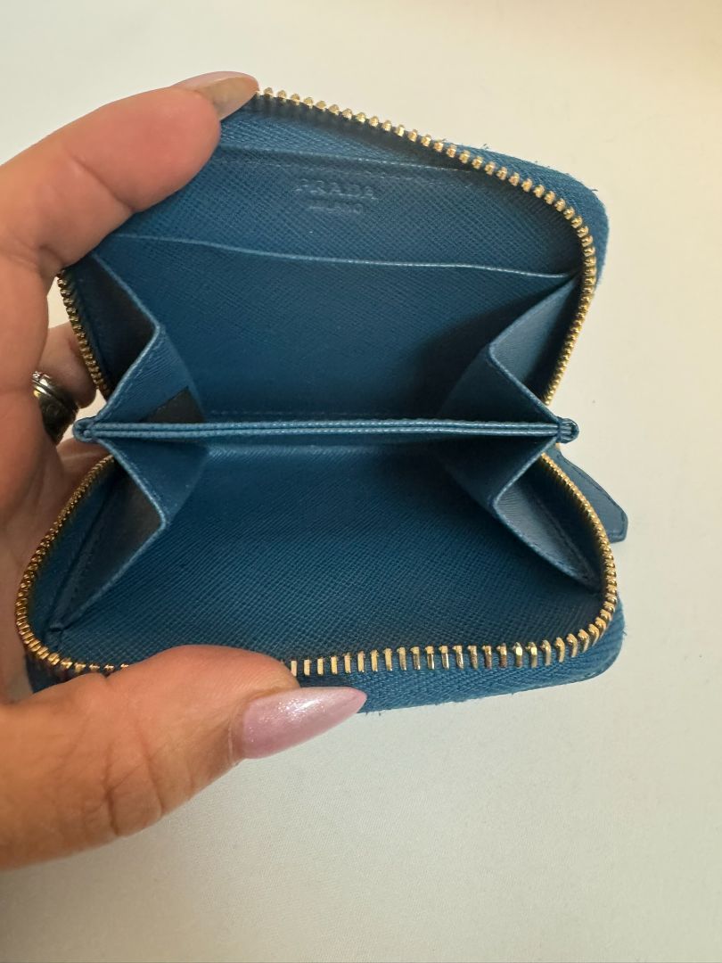 blue Prada zip up wallet, 4.75 X 3.75