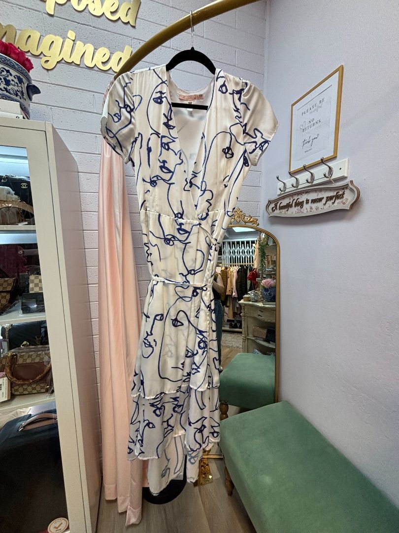 blue and white Hutch silk wrap dress, XS