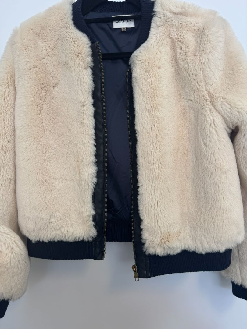 white Sugar + Lips faux fur bomber jacket, xs