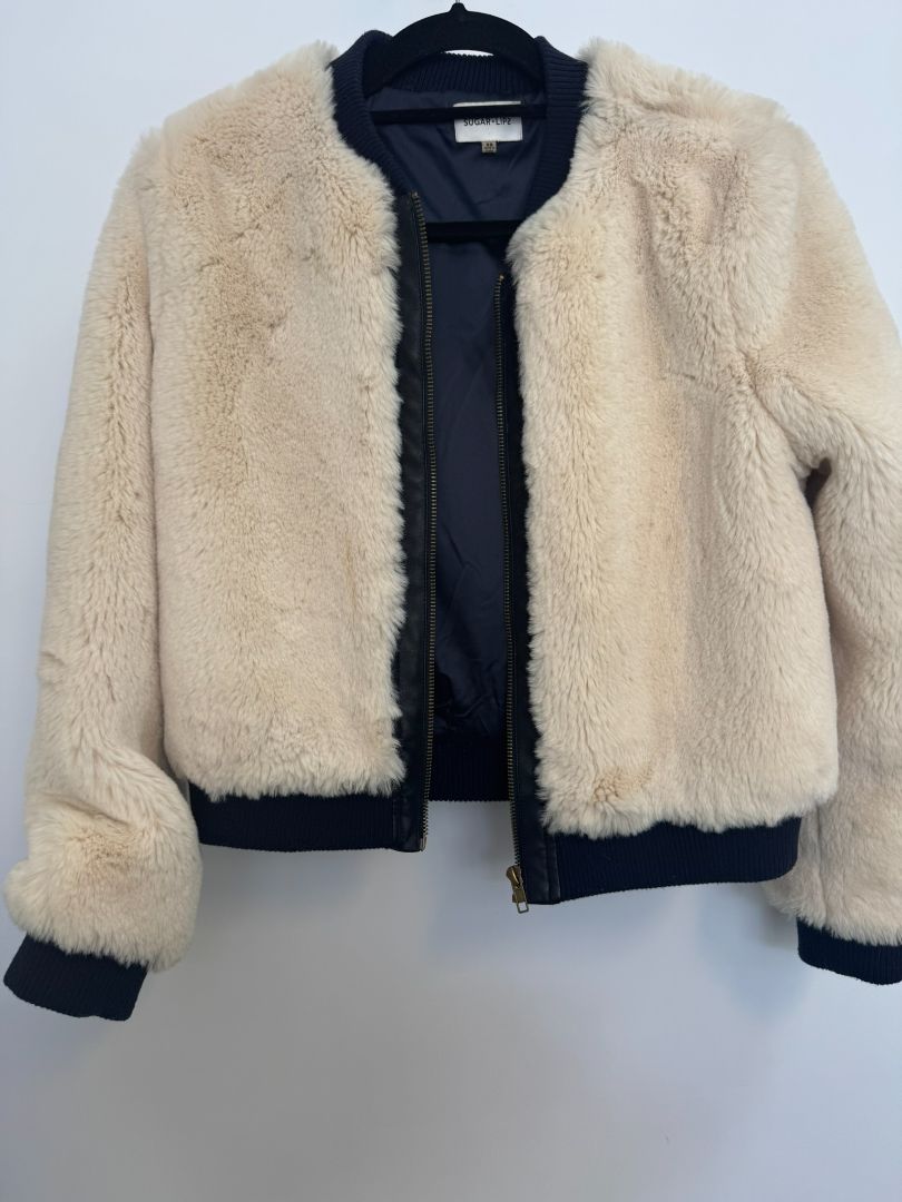 white Sugar + Lips faux fur bomber jacket, xs