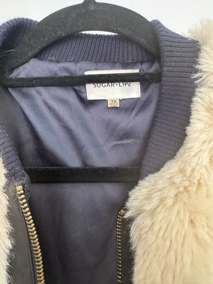 white Sugar + Lips faux fur bomber jacket, xs