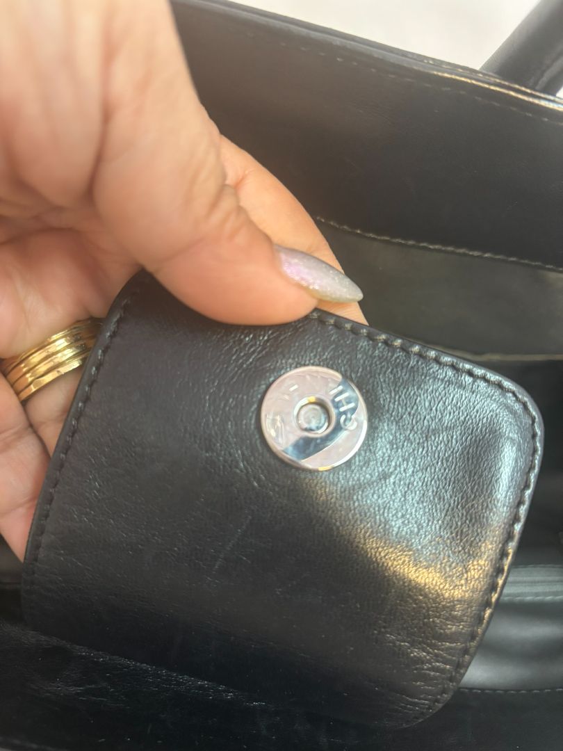 black Chanel tote, Dimensions (Estimated): Length: 14 in Height: 10 in Depth: 5.5 in Handle Drop: 7 in
