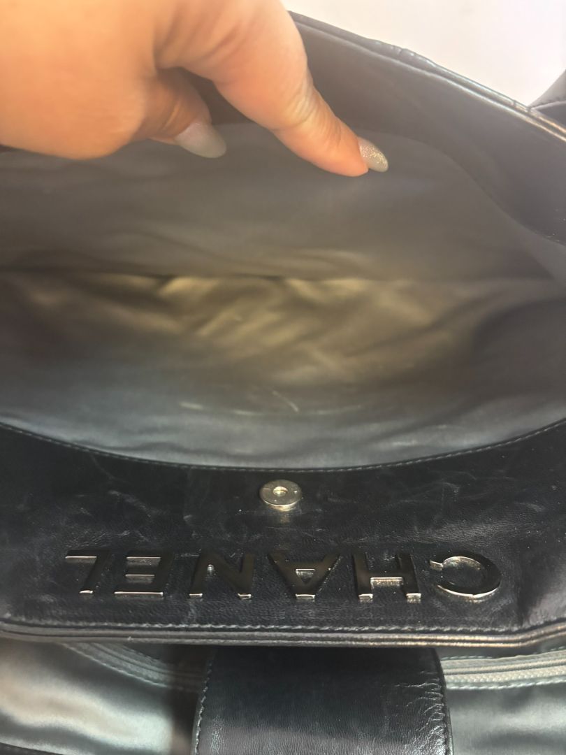 black Chanel tote, Dimensions (Estimated): Length: 14 in Height: 10 in Depth: 5.5 in Handle Drop: 7 in
