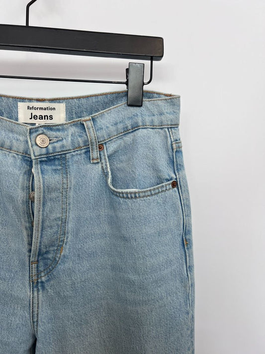 light blue wash Reformation straight jeans, 28