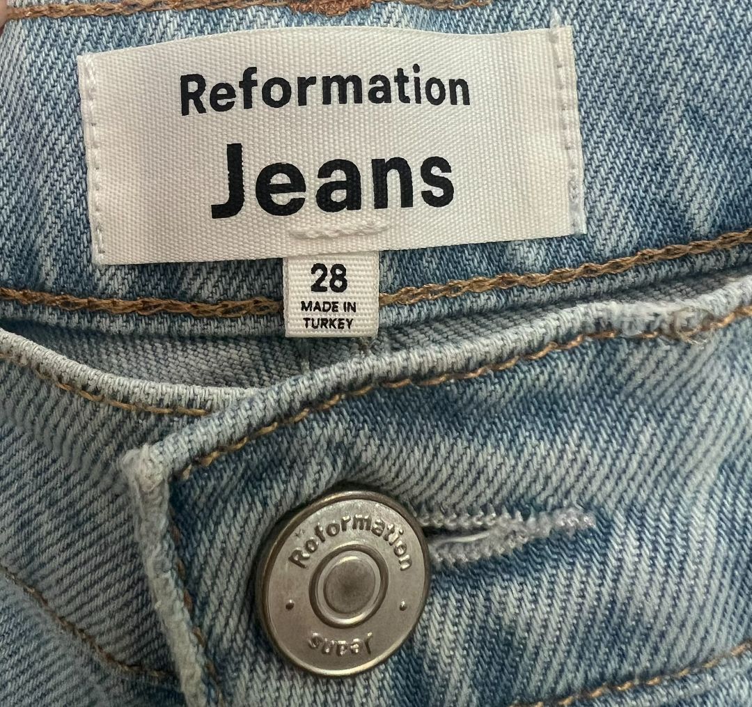 light blue wash Reformation straight jeans, 28
