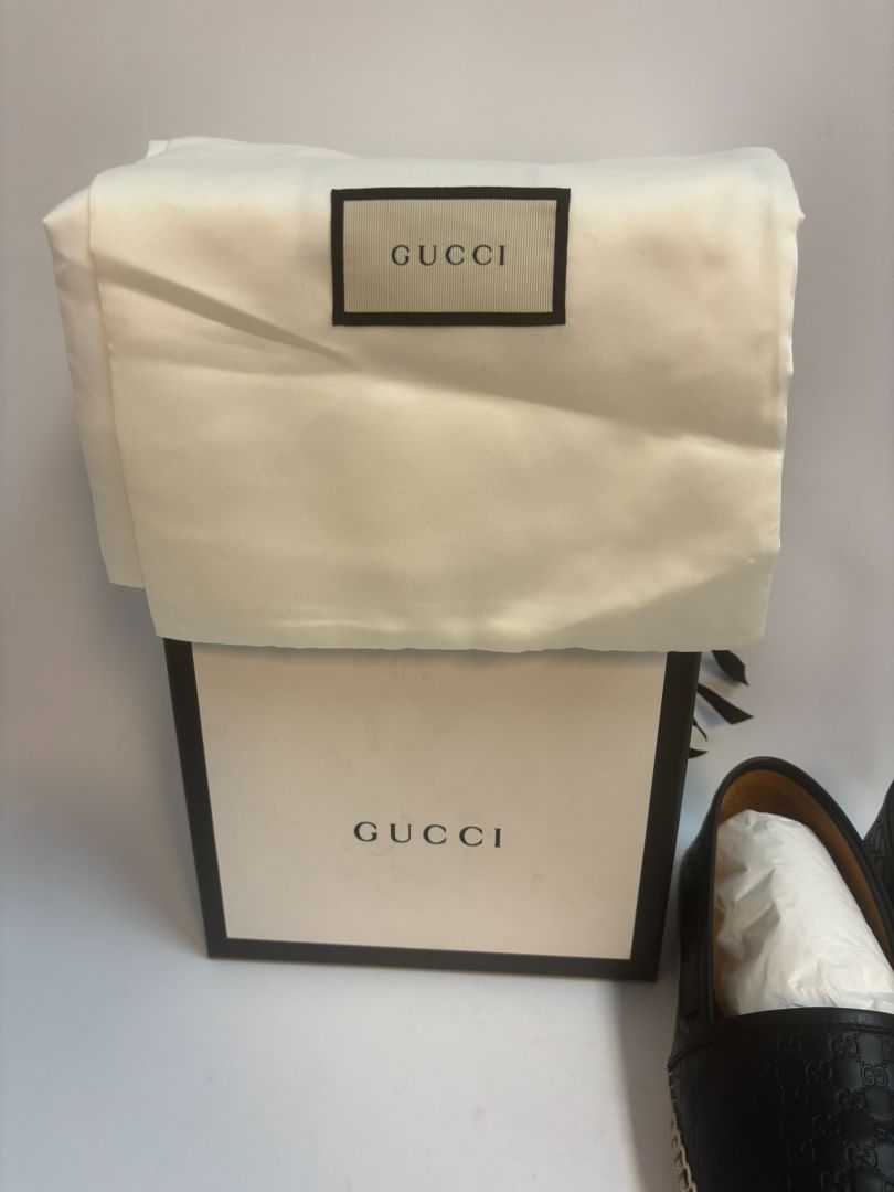 black Gucci matelese shoes, Length: 10 in Heel Height: 0.6 in (flat jute sole) Width: 3.5 in Style Fit: Slip-on, structured