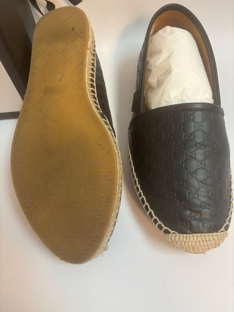 black Gucci matelese shoes, Length: 10 in Heel Height: 0.6 in (flat jute sole) Width: 3.5 in Style Fit: Slip-on, structured