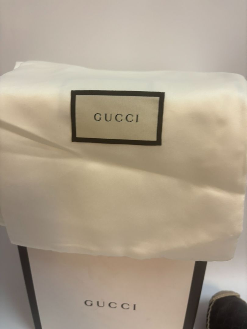 black Gucci matelese shoes, Length: 10 in Heel Height: 0.6 in (flat jute sole) Width: 3.5 in Style Fit: Slip-on, structured