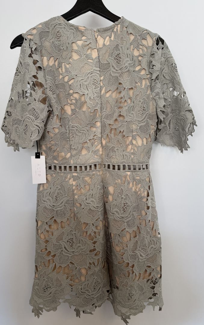ASTR The Label Sage Grey Floral Lace Mini Dress M