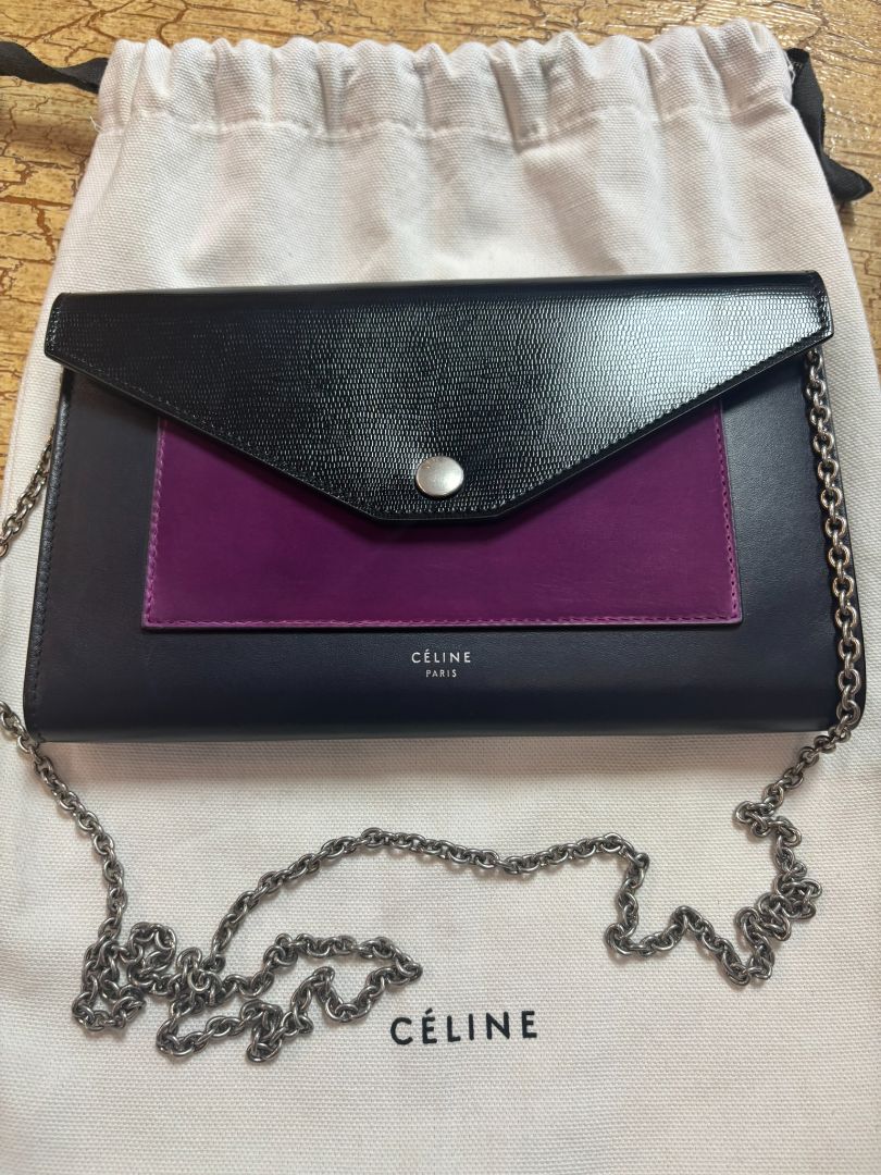black , purple, navy Celine Phoebe Philo tricolor, Length: 8 in Height: 5 in Depth: 1.5 in Strap Drop: 21 in (crossbody chain