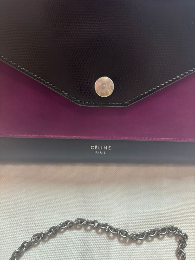 black , purple, navy Celine Phoebe Philo tricolor, Length: 8 in Height: 5 in Depth: 1.5 in Strap Drop: 21 in (crossbody chain