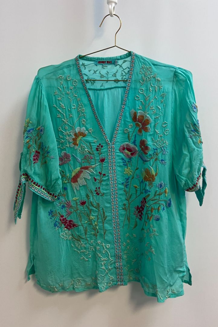 teal Johnny Was floral blouse, L