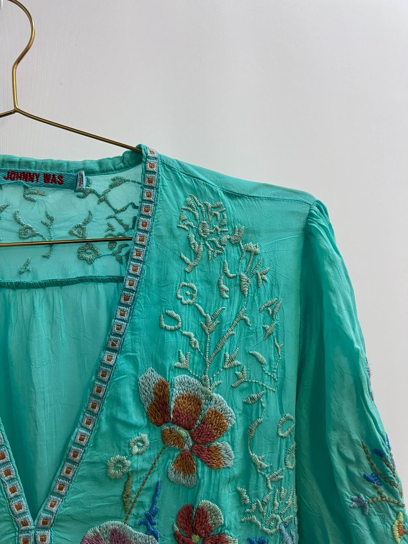 teal Johnny Was floral blouse, L