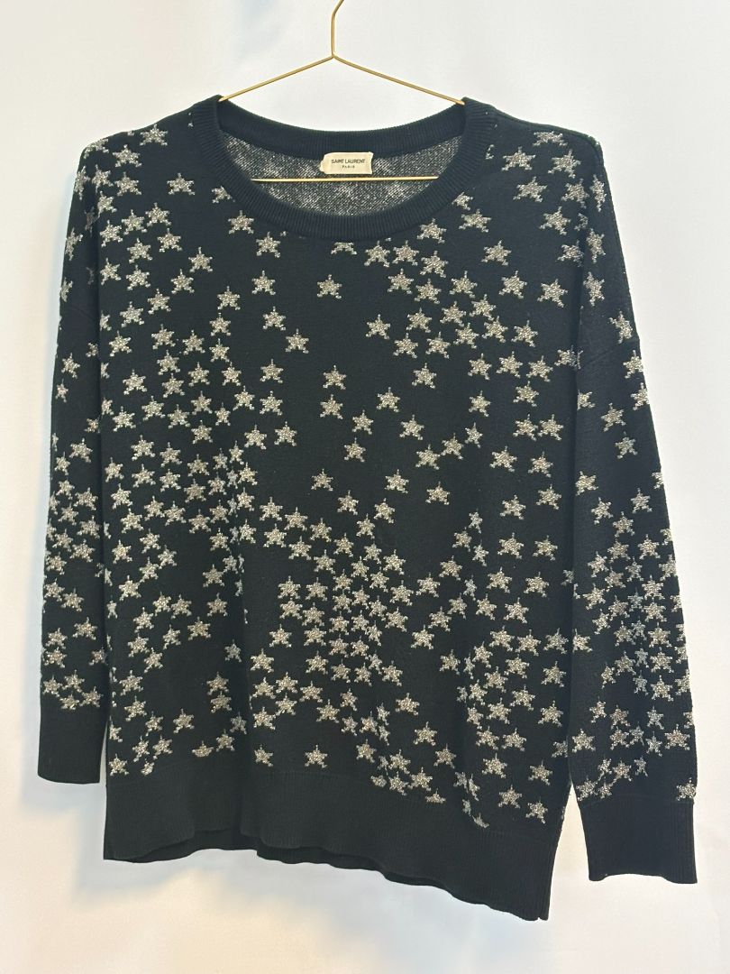 black and gold Saint Laurent metallic sweater, Dimensions (Approximate – Women’s Size M)** Bust (flat): 18 in Length (shoulder to hem): 25 in Sleeve Length: 23.5 in Shoulder to Shoulder: 15.5 in Fit: Slim to relaxed, true to size