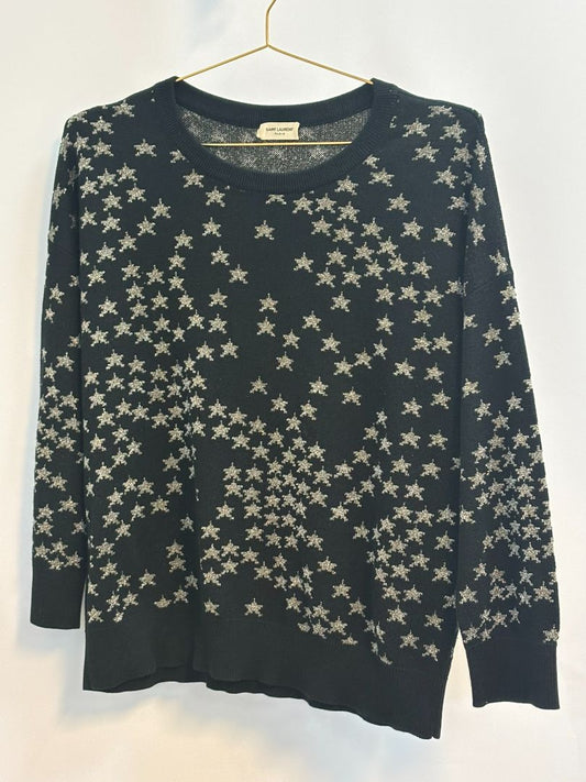 black and gold Saint Laurent metallic sweater, Dimensions (Approximate – Women’s Size M)** Bust (flat): 18 in Length (shoulder to hem): 25 in Sleeve Length: 23.5 in Shoulder to Shoulder: 15.5 in Fit: Slim to relaxed, true to size