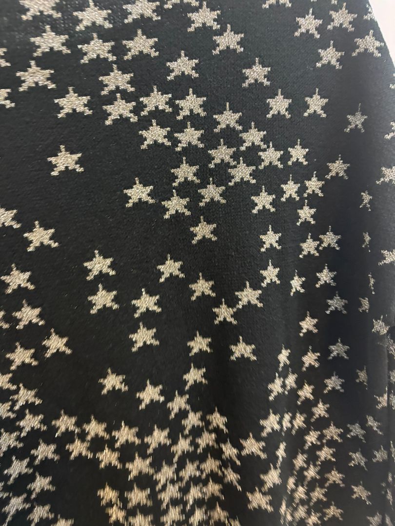 black and gold Saint Laurent metallic sweater, Dimensions (Approximate – Women’s Size M)** Bust (flat): 18 in Length (shoulder to hem): 25 in Sleeve Length: 23.5 in Shoulder to Shoulder: 15.5 in Fit: Slim to relaxed, true to size