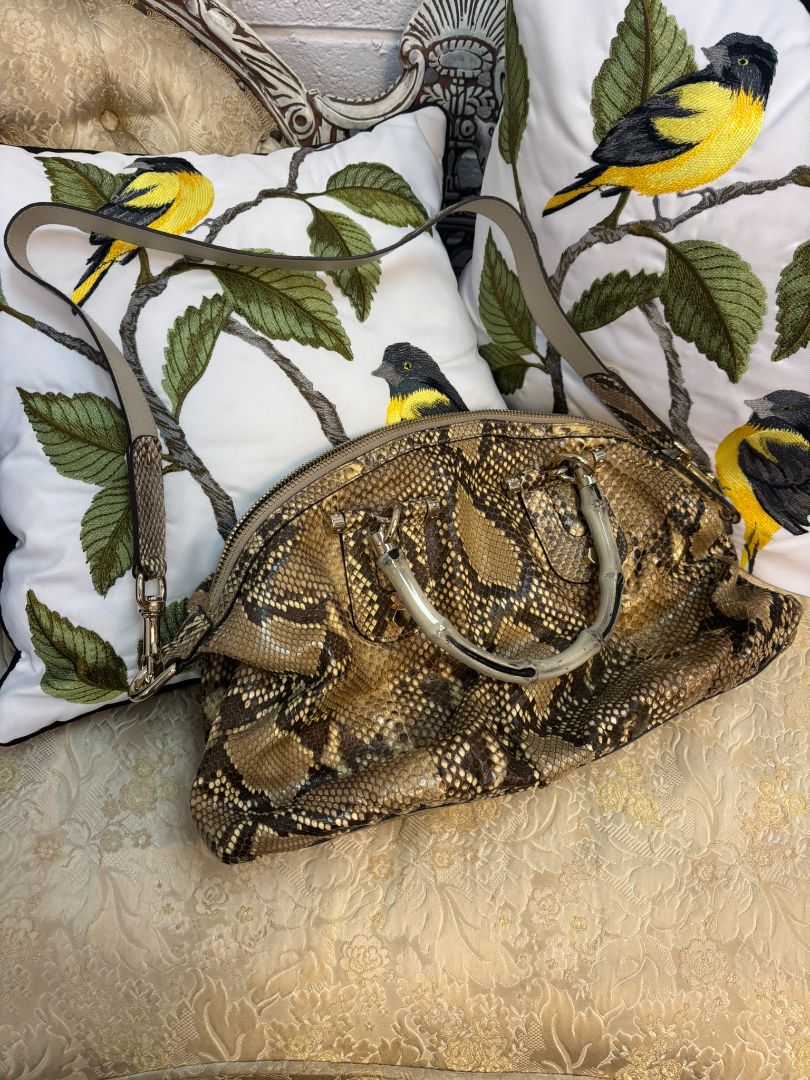Taupe/ brown / beige Gucci Dome Pytho Satchel with Lucite Handles, Height: 9 in (22.8 cm) Width: 13.5 in (34.3 cm) Depth: 6 in (15.2 cm) Handle Drop: 5 in (12.7 cm) Strap Drop (detachable): approx. 18 in (45.7 cm)