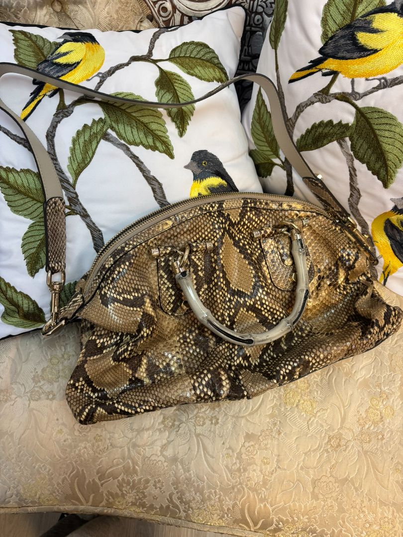 Taupe/ brown / beige Gucci Dome Pytho Satchel with Lucite Handles, Height: 9 in (22.8 cm) Width: 13.5 in (34.3 cm) Depth: 6 in (15.2 cm) Handle Drop: 5 in (12.7 cm) Strap Drop (detachable): approx. 18 in (45.7 cm)