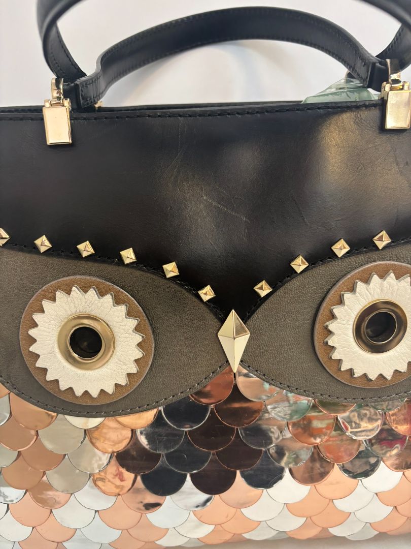 black Kate Spade mixed metal owl bag, Width: 11.5 in Height: 9.5 in Depth: 4.5 in Handle Drop: 5 in