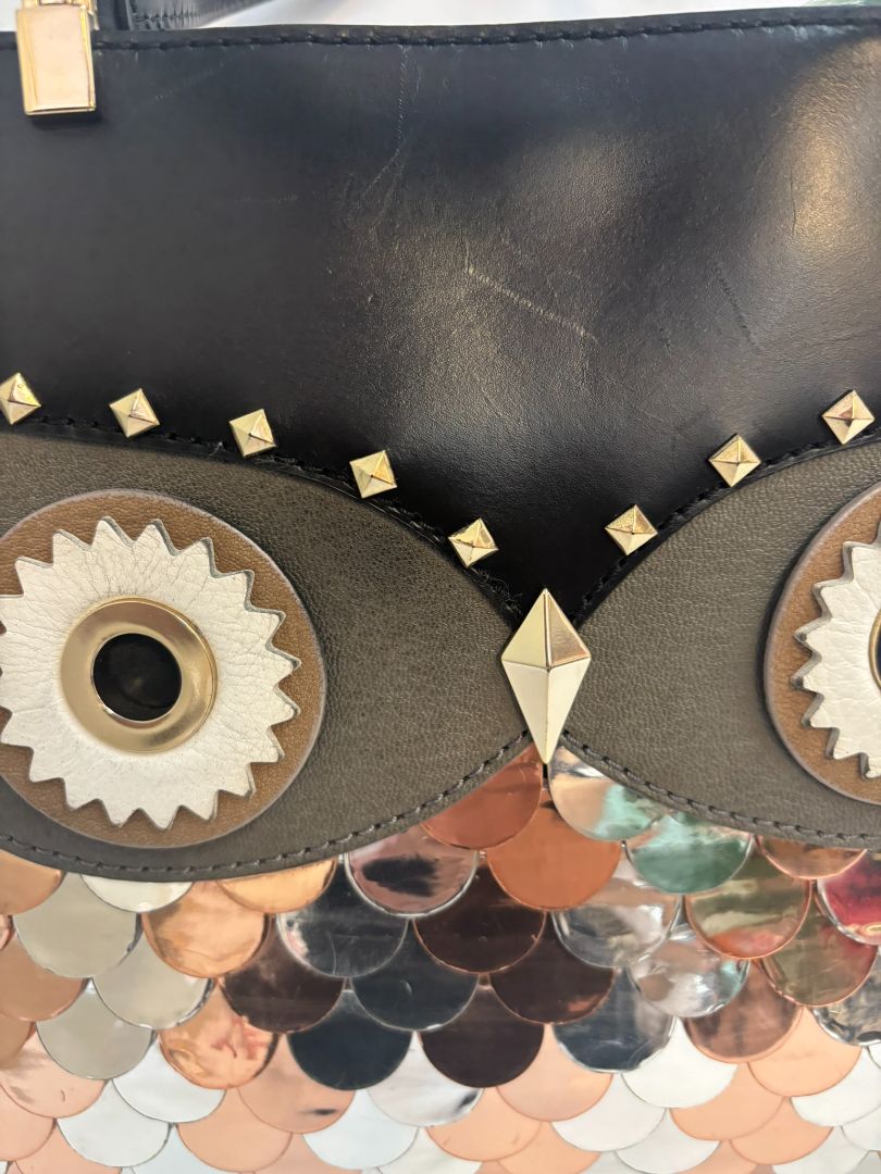 black Kate Spade mixed metal owl bag, Width: 11.5 in Height: 9.5 in Depth: 4.5 in Handle Drop: 5 in