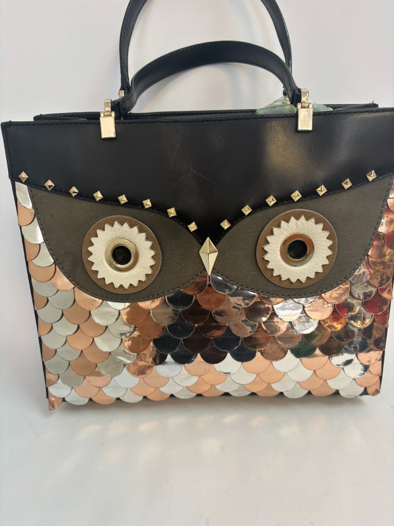 black Kate Spade mixed metal owl bag, Width: 11.5 in Height: 9.5 in Depth: 4.5 in Handle Drop: 5 in