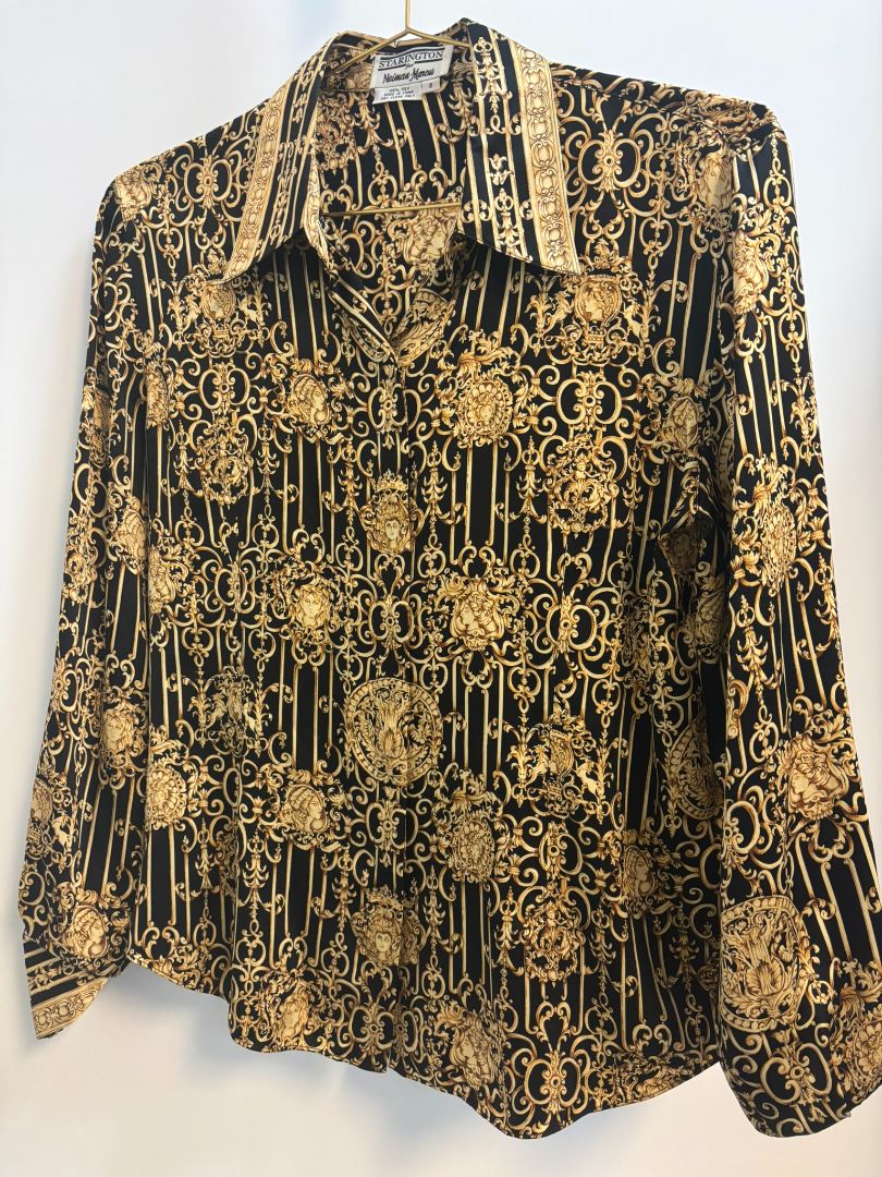 black and gold Starington by Neiman Marcus medusa print silk shirt, S