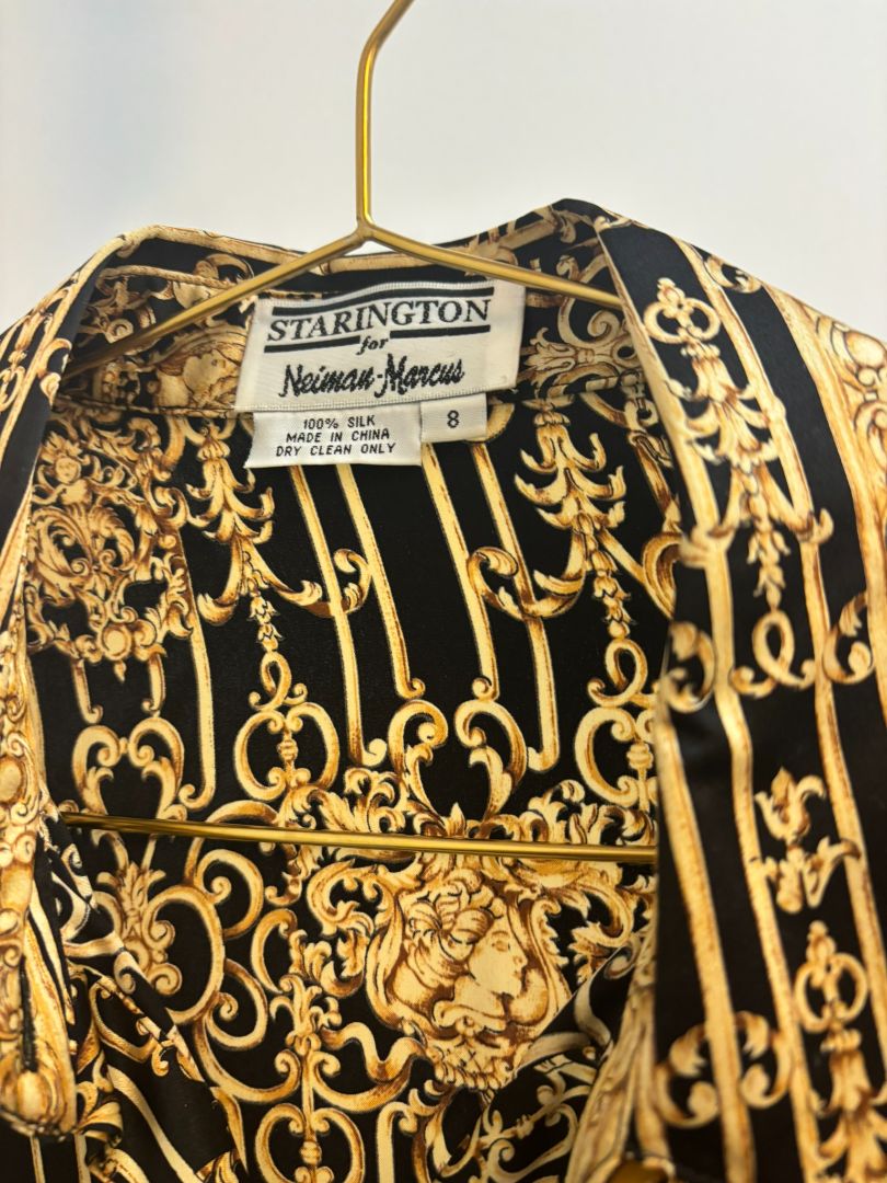 black and gold Starington by Neiman Marcus medusa print silk shirt, S