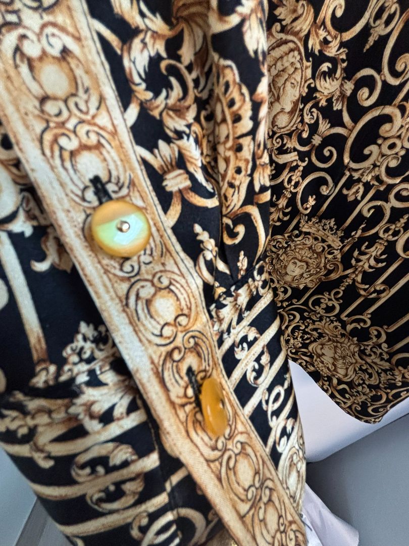 black and gold Starington by Neiman Marcus medusa print silk shirt, S