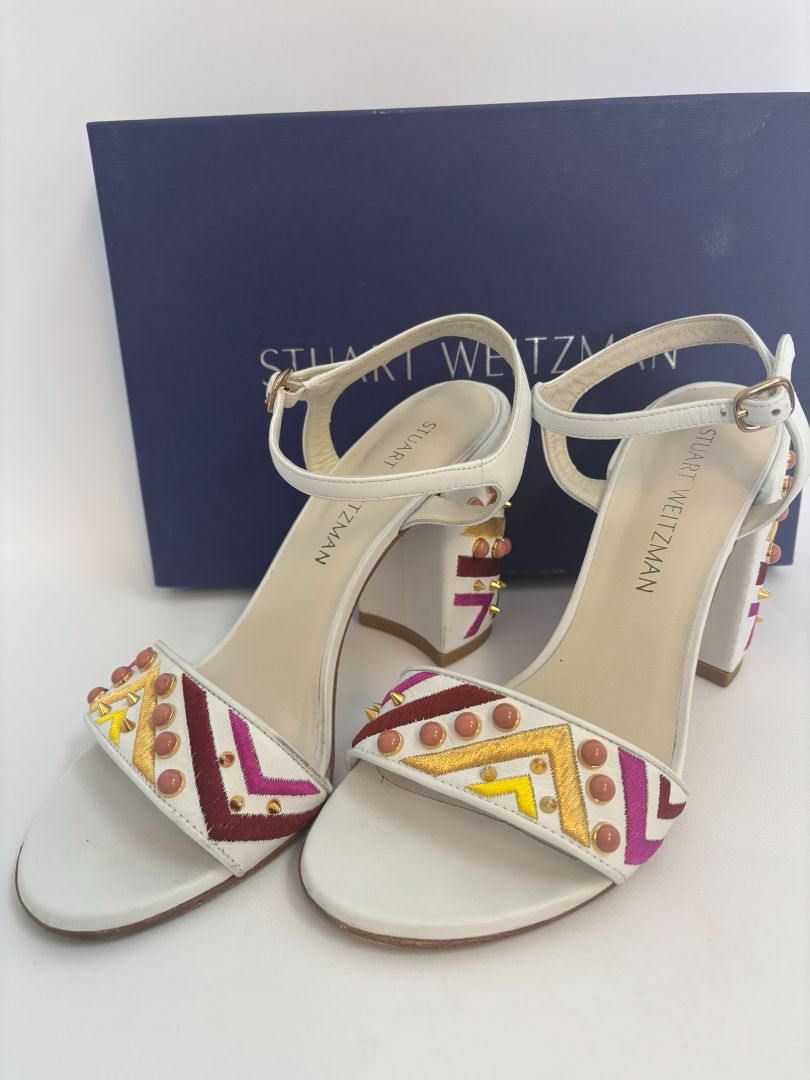 white with multi color Stuart Weitzman stacked heel sandals, 38 EU