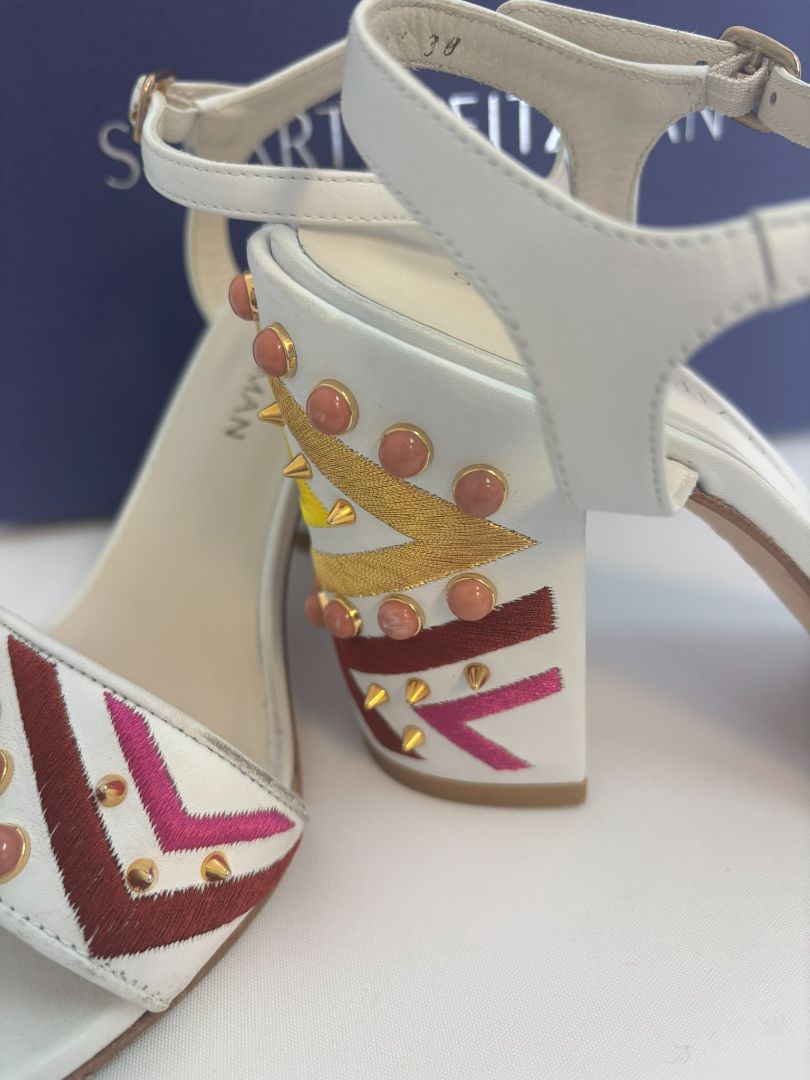 white with multi color Stuart Weitzman stacked heel sandals, 38 EU