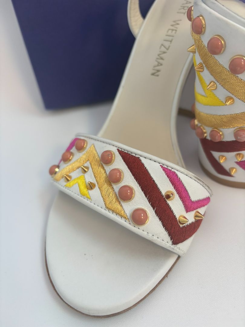 white with multi color Stuart Weitzman stacked heel sandals, 38 EU