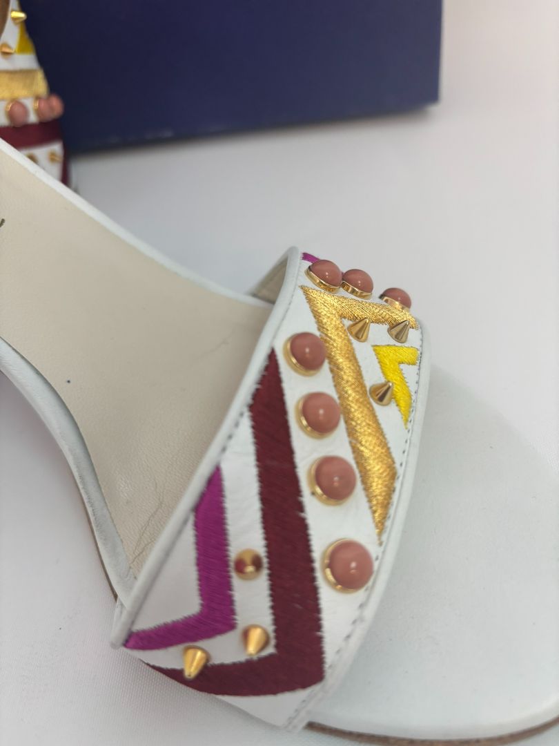 white with multi color Stuart Weitzman stacked heel sandals, 38 EU