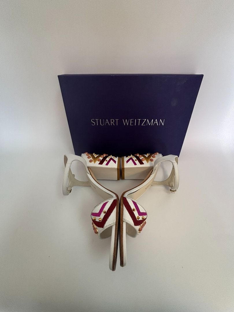 white with multi color Stuart Weitzman stacked heel sandals, 38 EU