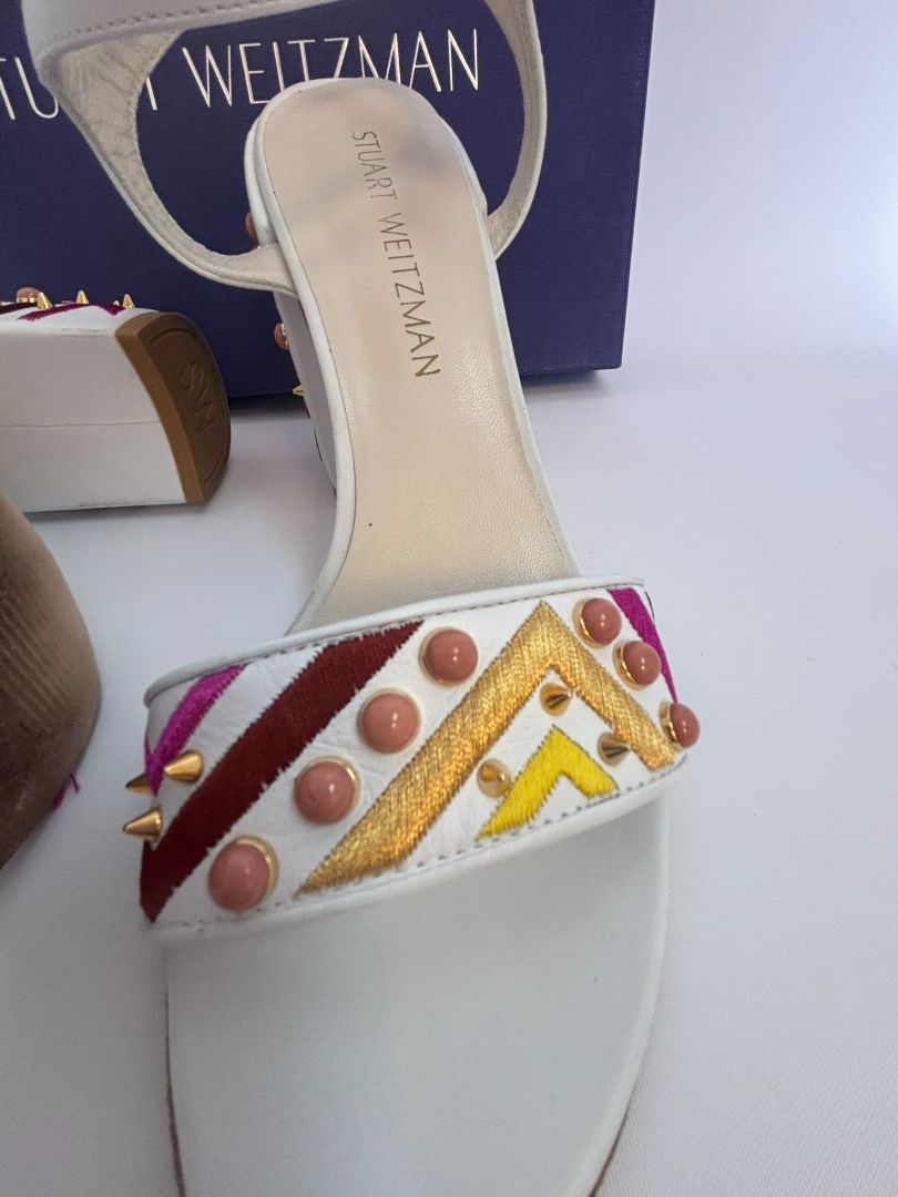 white with multi color Stuart Weitzman stacked heel sandals, 38 EU