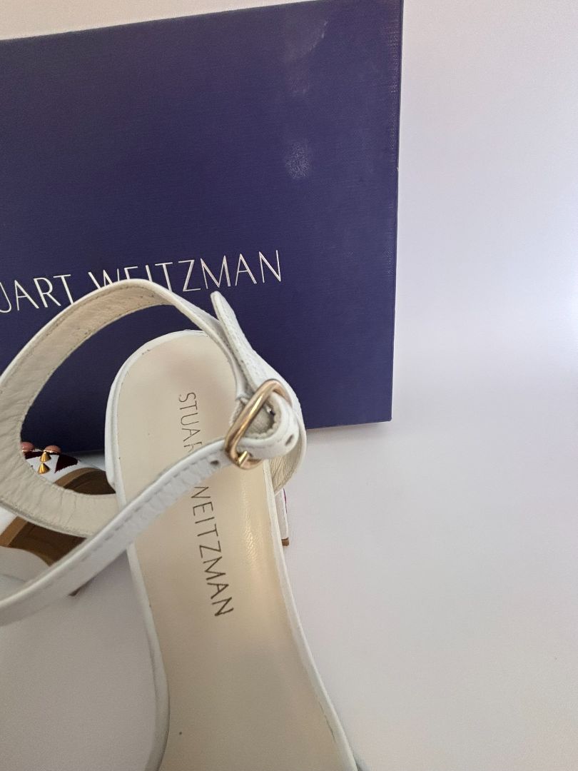 white with multi color Stuart Weitzman stacked heel sandals, 38 EU