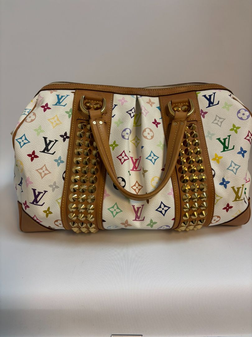 white multicolor Louis Vuitton x Takashi Murakami COURTNEY BAG GM, 11.5 x 16 w x 8 depth