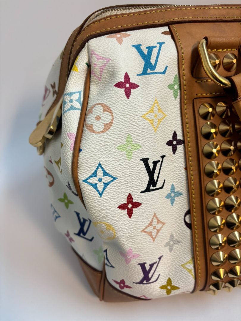 white multicolor Louis Vuitton x Takashi Murakami COURTNEY BAG GM, 11.5 x 16 w x 8 depth