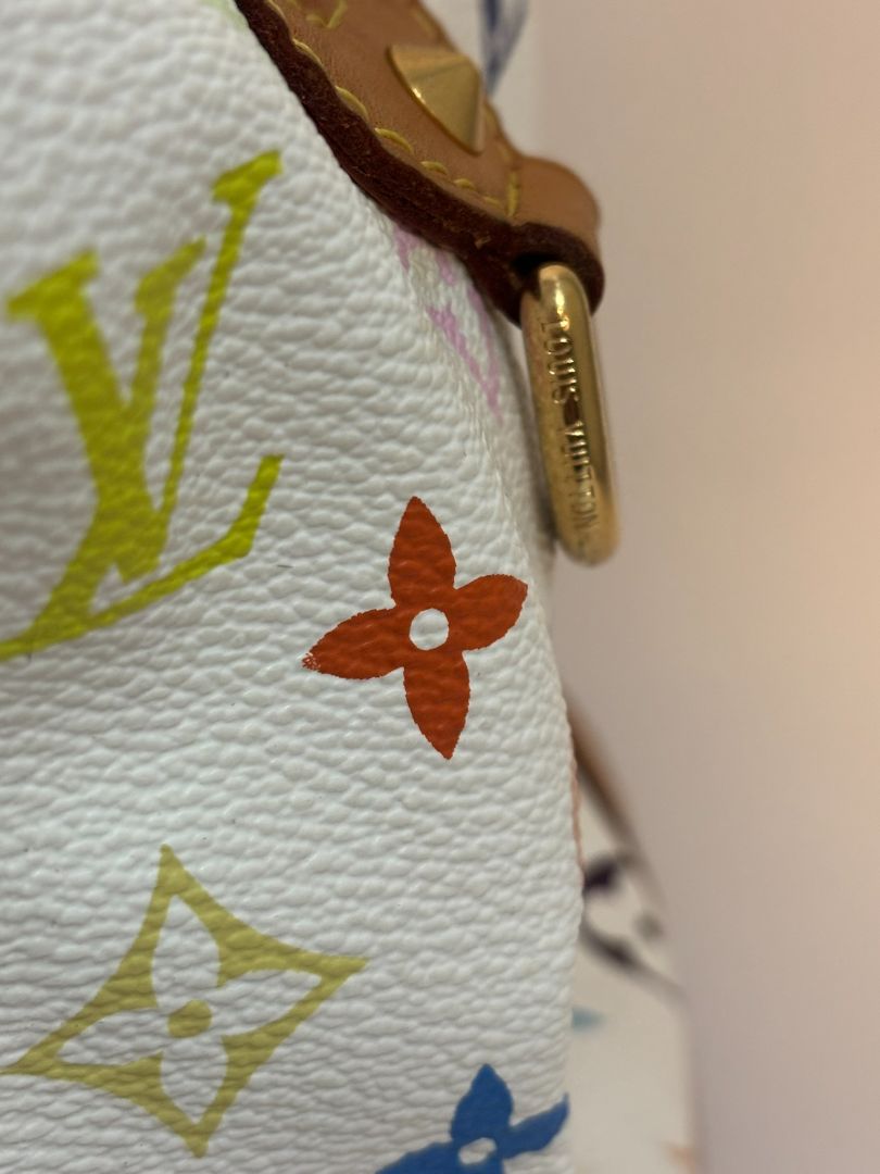 white multicolor Louis Vuitton x Takashi Murakami COURTNEY BAG GM, 11.5 x 16 w x 8 depth