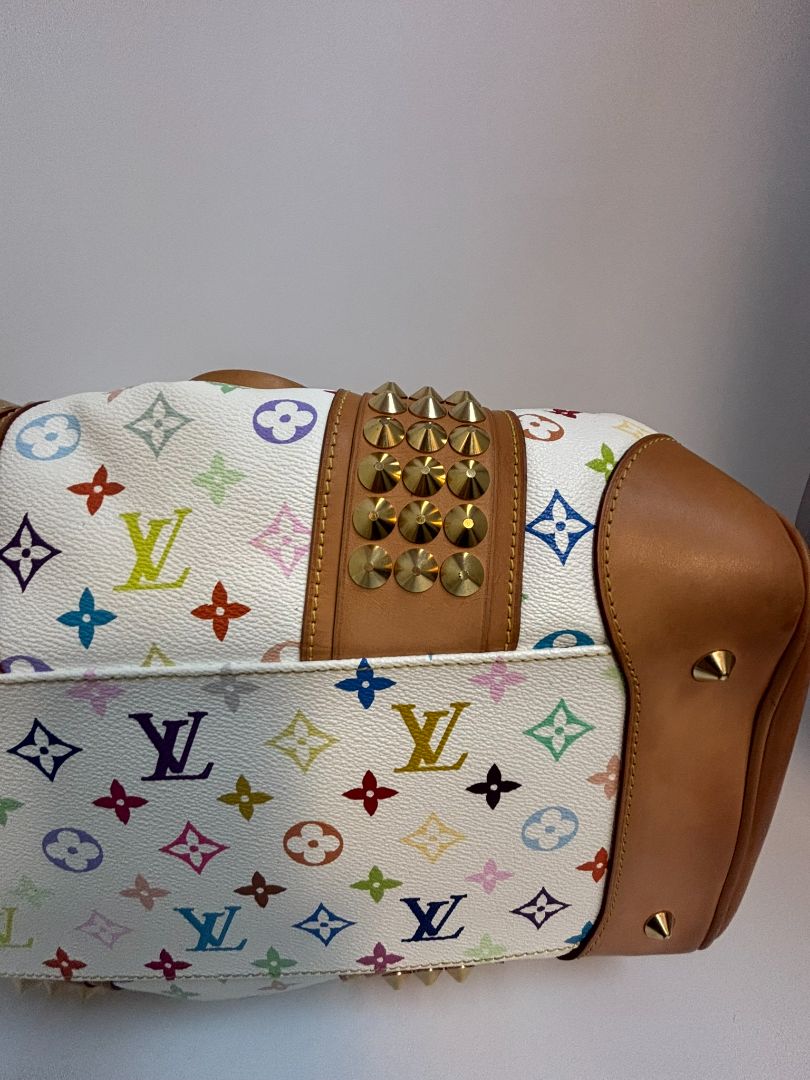 white multicolor Louis Vuitton x Takashi Murakami COURTNEY BAG GM, 11.5 x 16 w x 8 depth