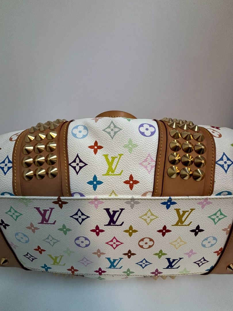 white multicolor Louis Vuitton x Takashi Murakami COURTNEY BAG GM, 11.5 x 16 w x 8 depth