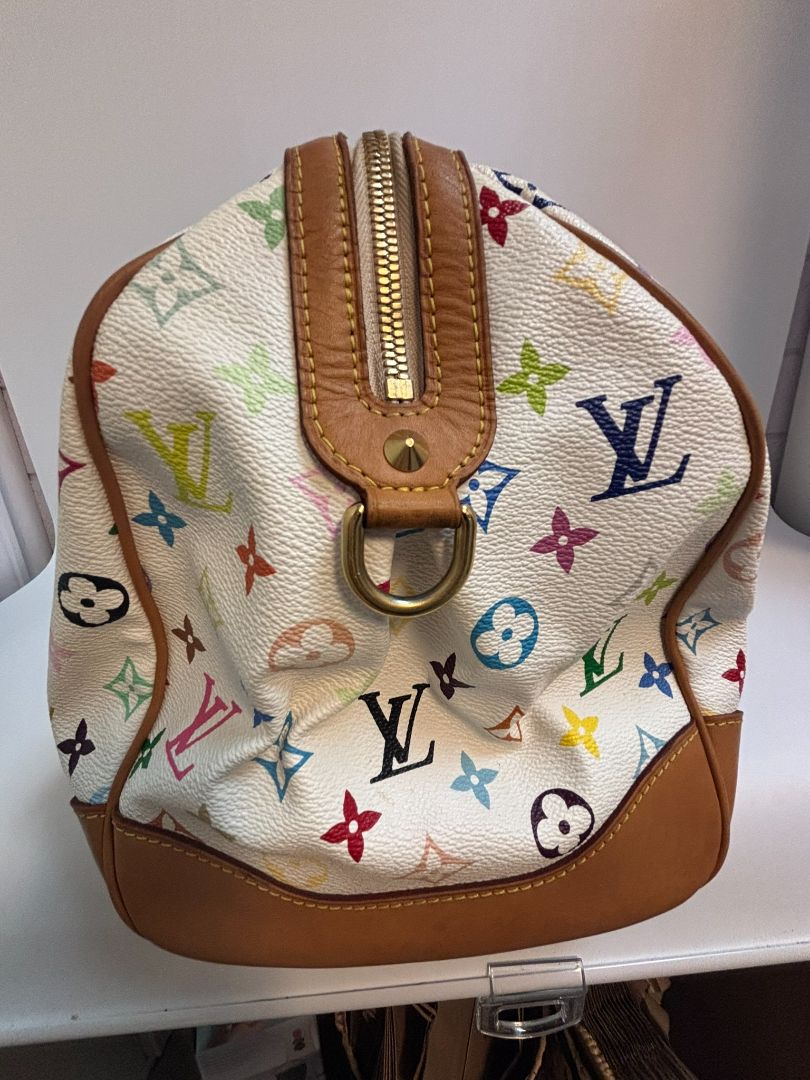 white multicolor Louis Vuitton x Takashi Murakami COURTNEY BAG GM, 11.5 x 16 w x 8 depth
