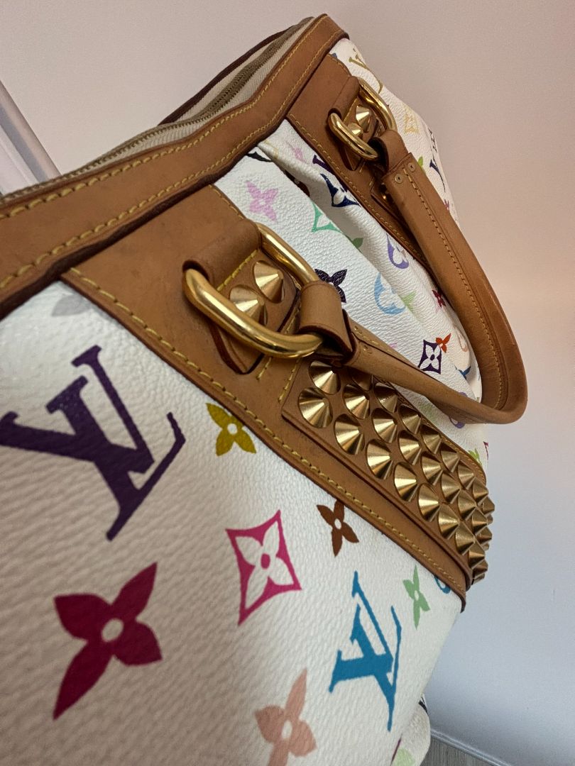 white multicolor Louis Vuitton x Takashi Murakami COURTNEY BAG GM, 11.5 x 16 w x 8 depth