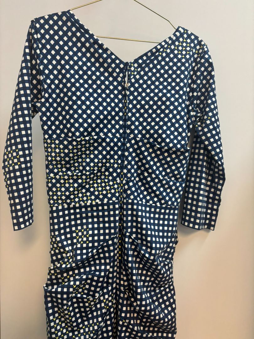 blue and yellow Samantha Sung v neck dress, L