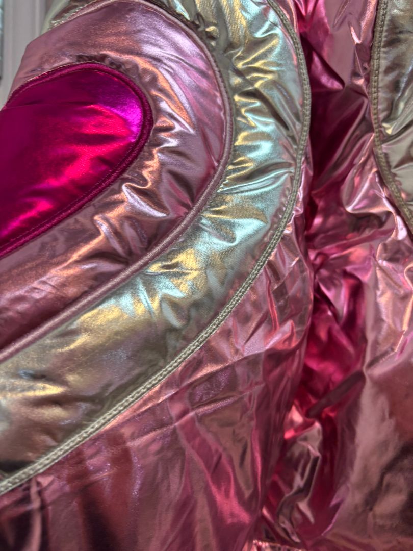 pink and silver Fantastic Fawn puffer jackets, 2s, 2m, 2l