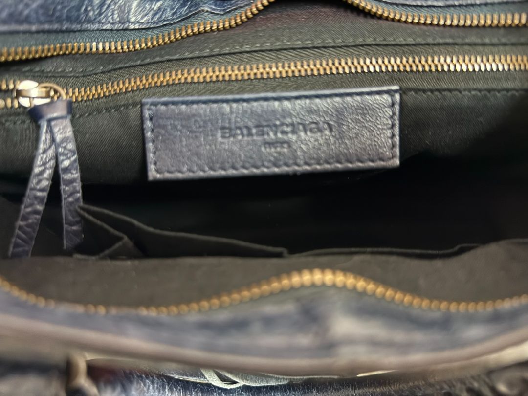 navy and red Balenciaga 2 WAY BAG, 9.6H x 14.9W x 5.1 D