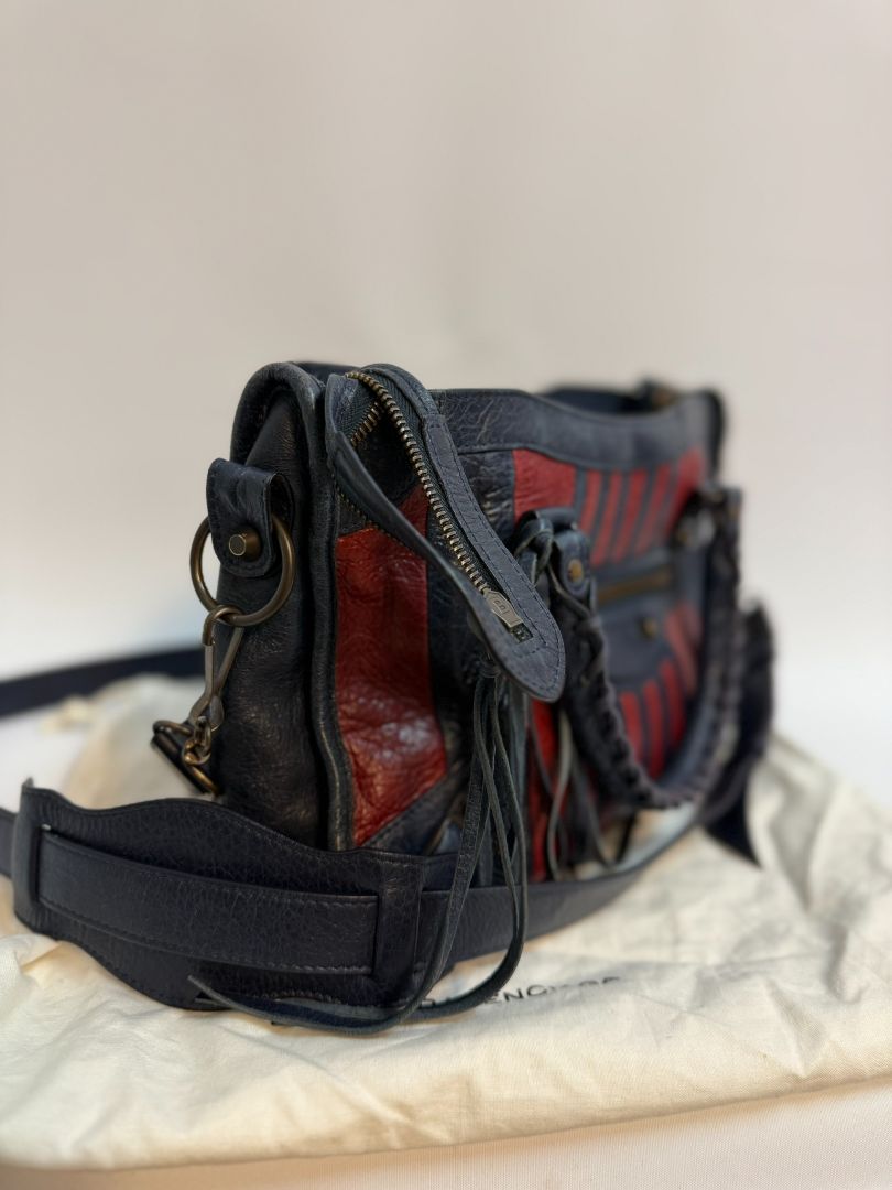 navy and red Balenciaga 2 WAY BAG, 9.6H x 14.9W x 5.1 D